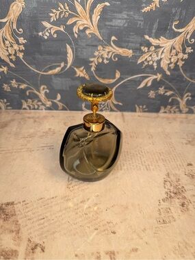 Vintage Smoky Gray Glass Perfume Atomizer Gold Filigree Top Art Deco Style